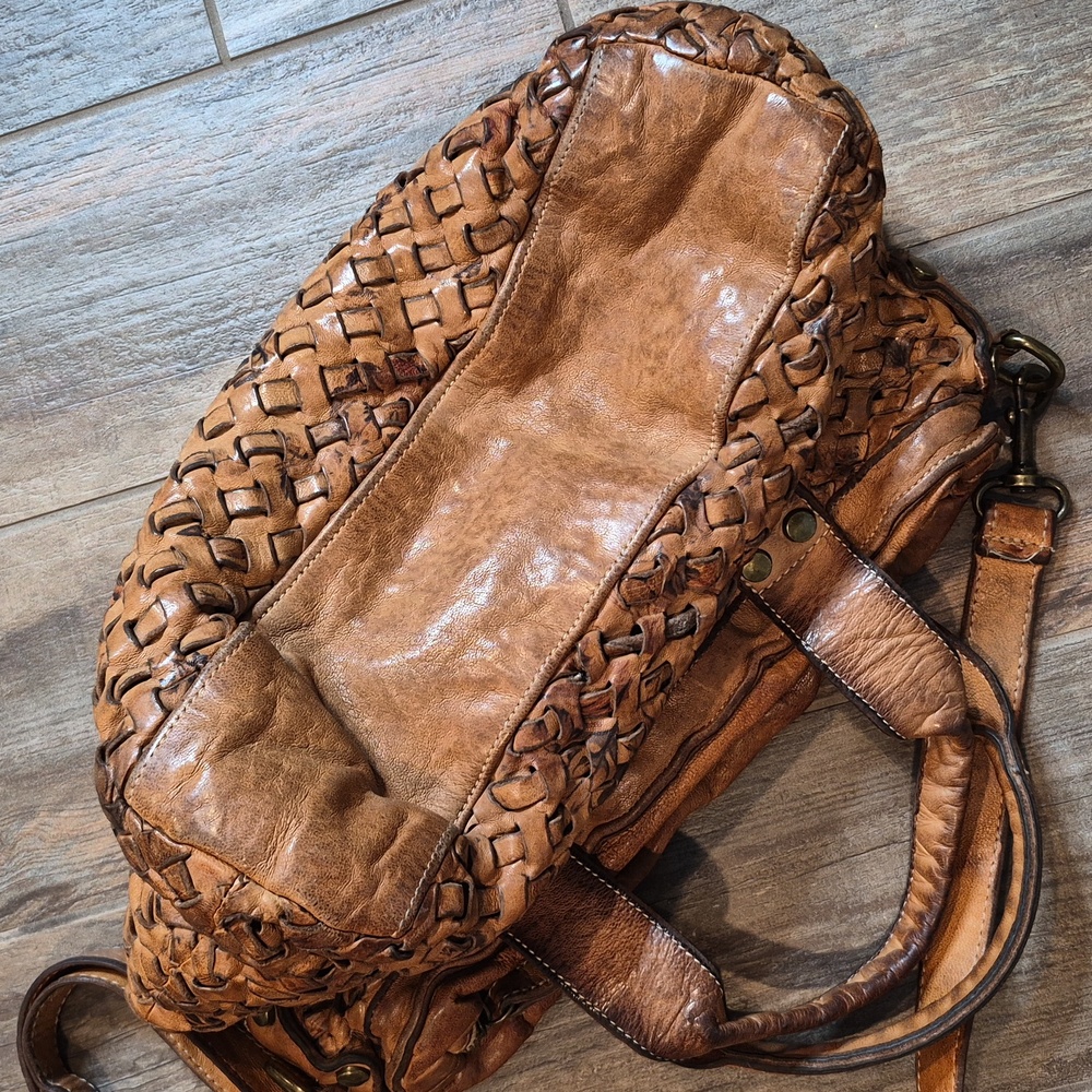 Langellotti Woven Leather Floral Detail Zip Closure Satchel Crossbody Hobo Bag - Picture 7 of 16